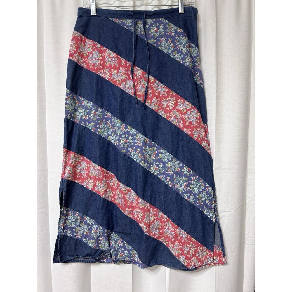 Vintage Crazy Horse 90s Chambray Jean Denim Floral Patchwork Skirt Boho Hippie 8